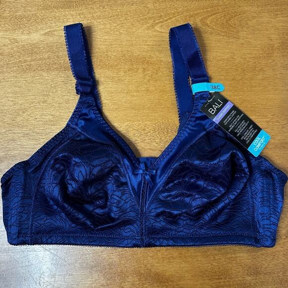 Bali Classic Support Bra Size 38C Navy Blue Sexy Lace Cool Comfort Feminine Bow - Picture 1 of 8